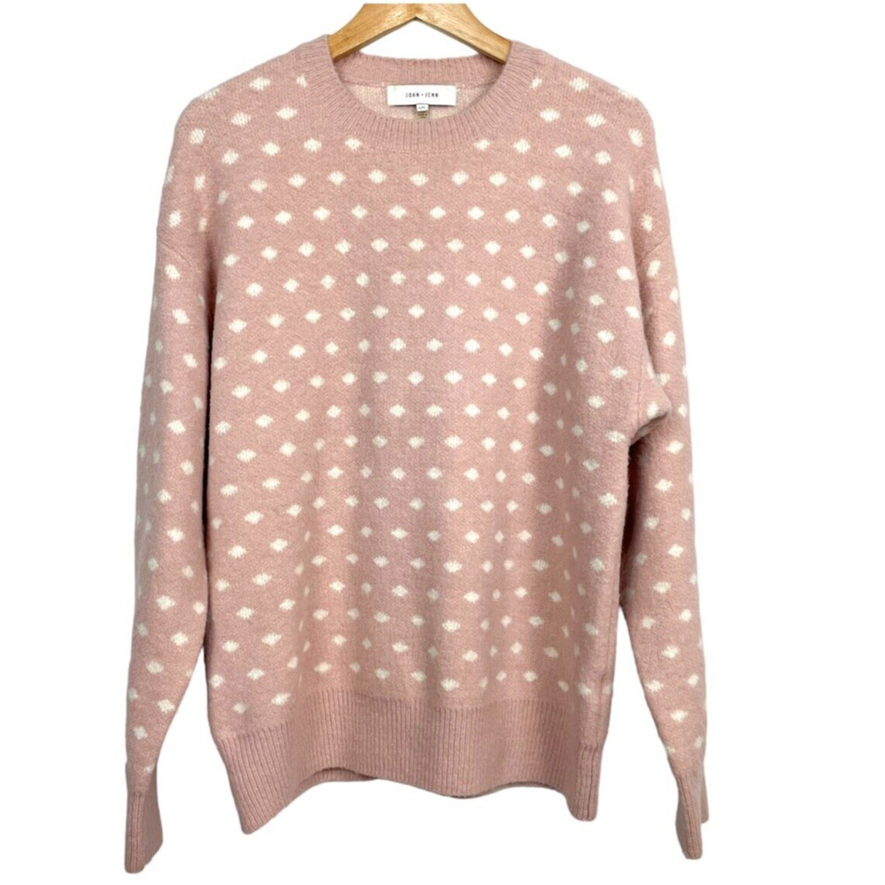 John + Jenn Polka Dot Sweater L Fuzzy Pink Knit Jumper